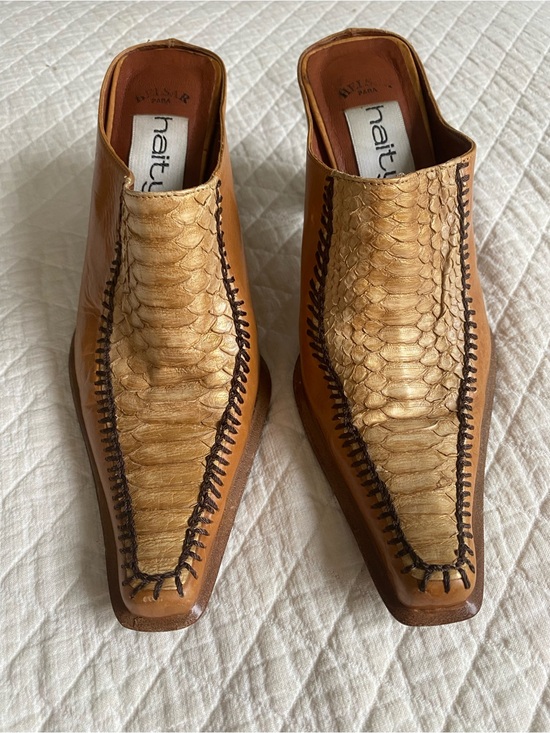 Helsar Shoes - Vintage Western Tan Leather Block Heel Mules Cowgirl Desert Rodeo Exotic Size 35
